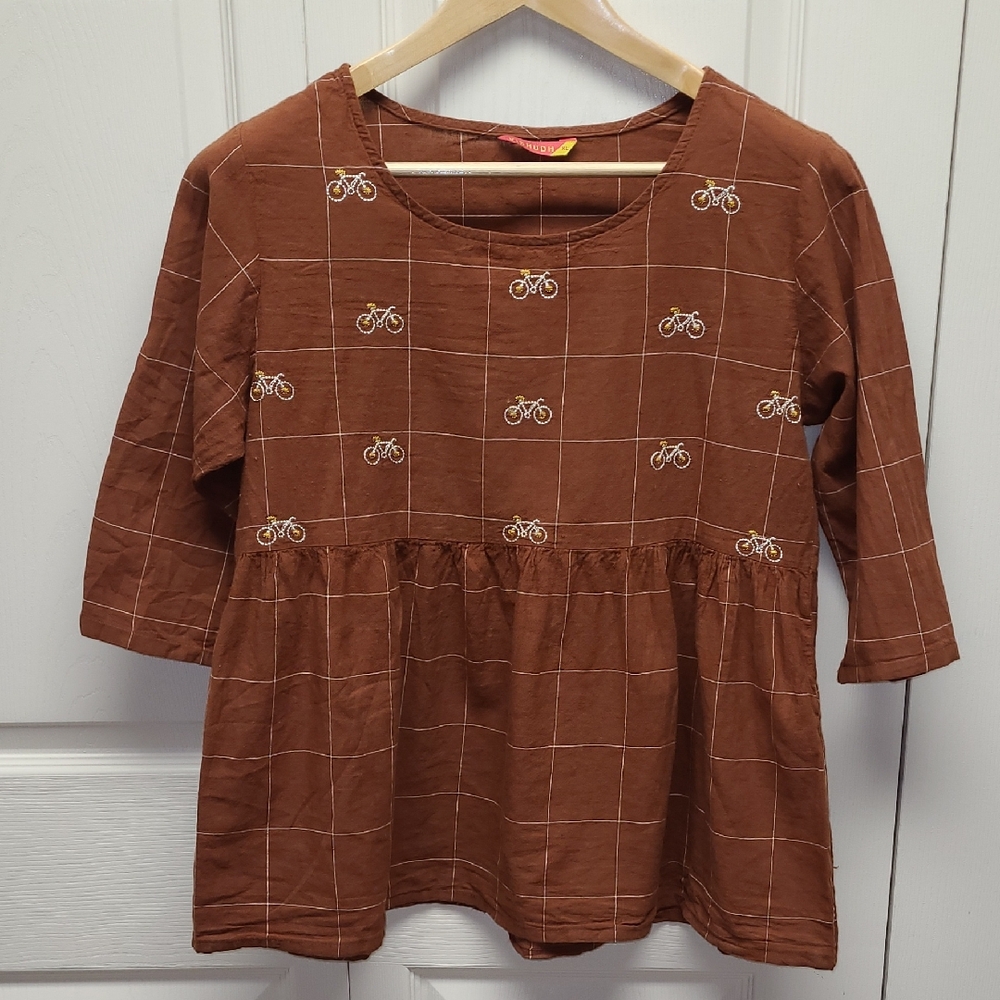 Women’s Rust Brown Embroidered Bicycle Peplum Top
